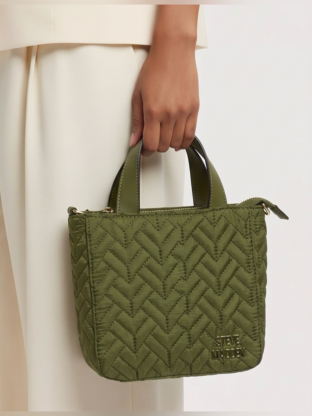 Steve Madden Small Quilted Nylon Tote Dark Olive Green Gold Hardware EUC